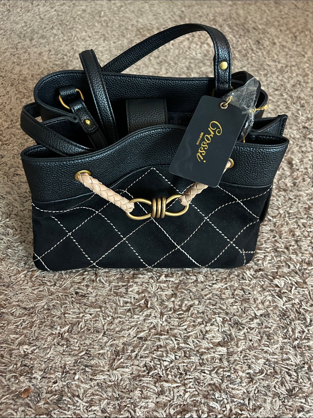 Black Quilted Shoulder Bag with Tan Braided Accent